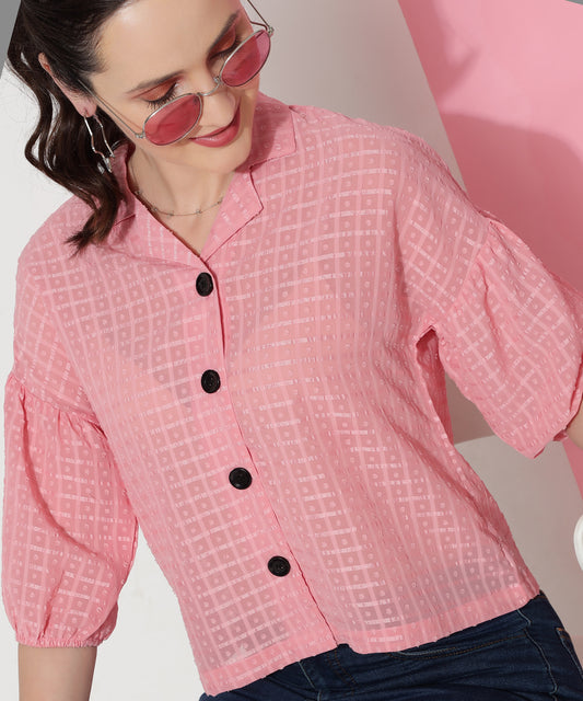 Pink Checked Puff Sleeves Women Casual Shirt