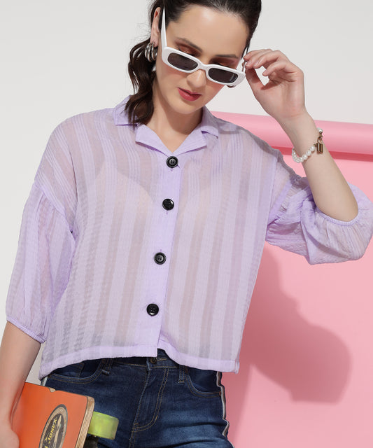 Lilac Vertical Striped Casual Shirt for Women
