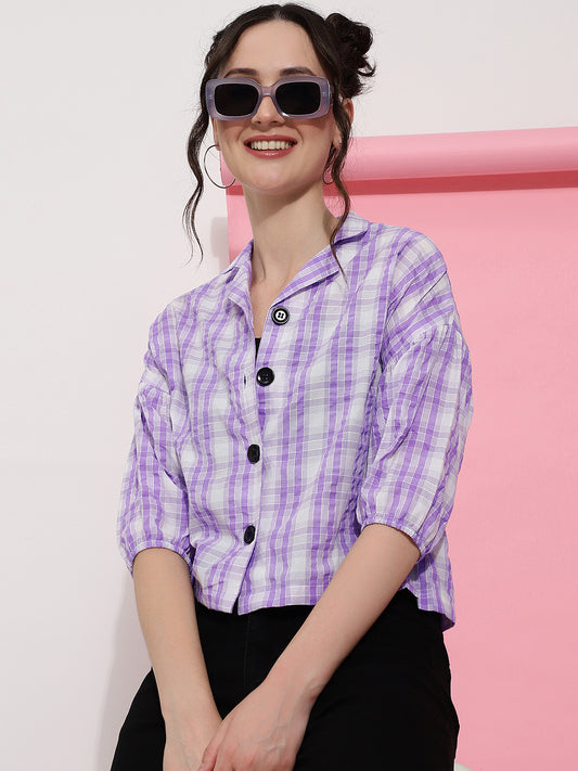 Lilac Checked Drop Shoulder Sleeves Women Shirt