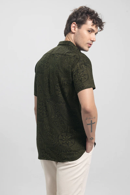 Green Monochrome Design Printed Men's Shirt