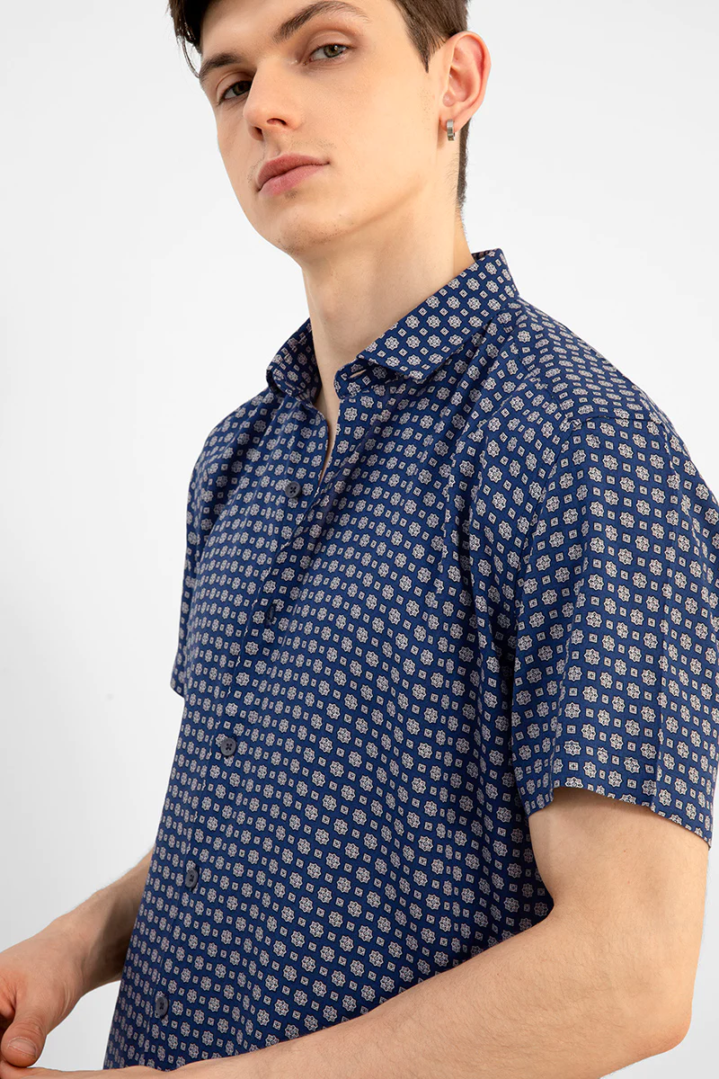 Blue Printed Dot Men's Casual Shirt