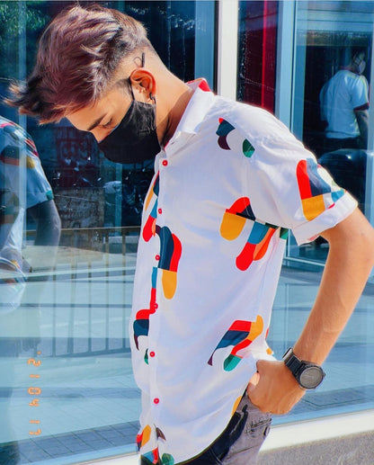 White Casual Multicolor Abstract Printed Men's Shirt
