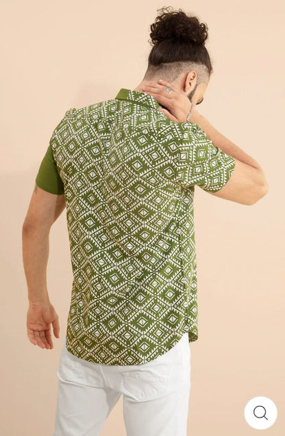 Half Printed Olive Green Men's Casual Shirt